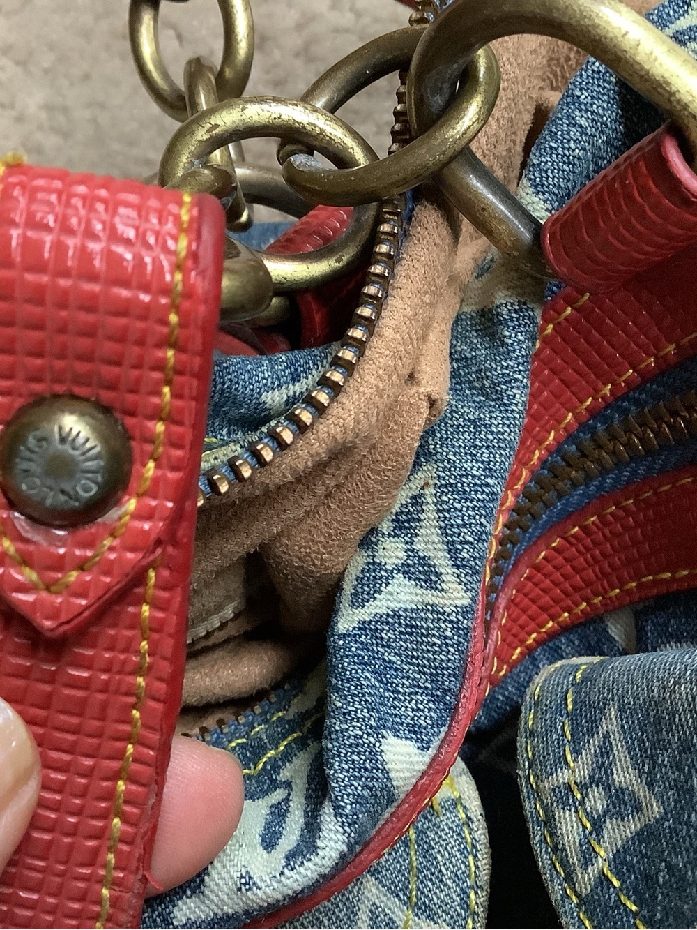 Denim and white, handbag. Red trim.  Signs of use. - Picture 14 of 16